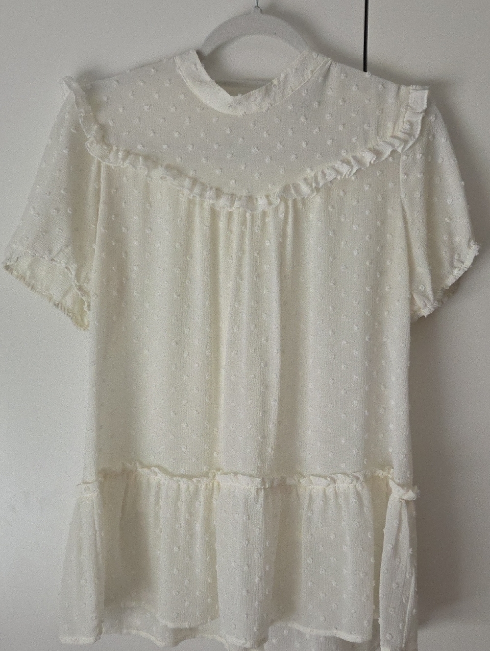 Anthropologie Ivory Swiss Dot Ruffled Short Sleeve Blouse